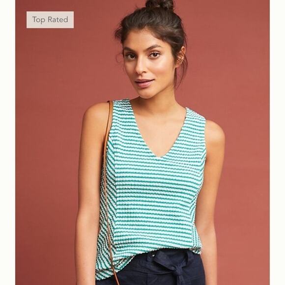 NWOT MAEVE Anthropology Top M Stripe Green White Crinkle Rib V Stretch”Franconia - Picture 1 of 9